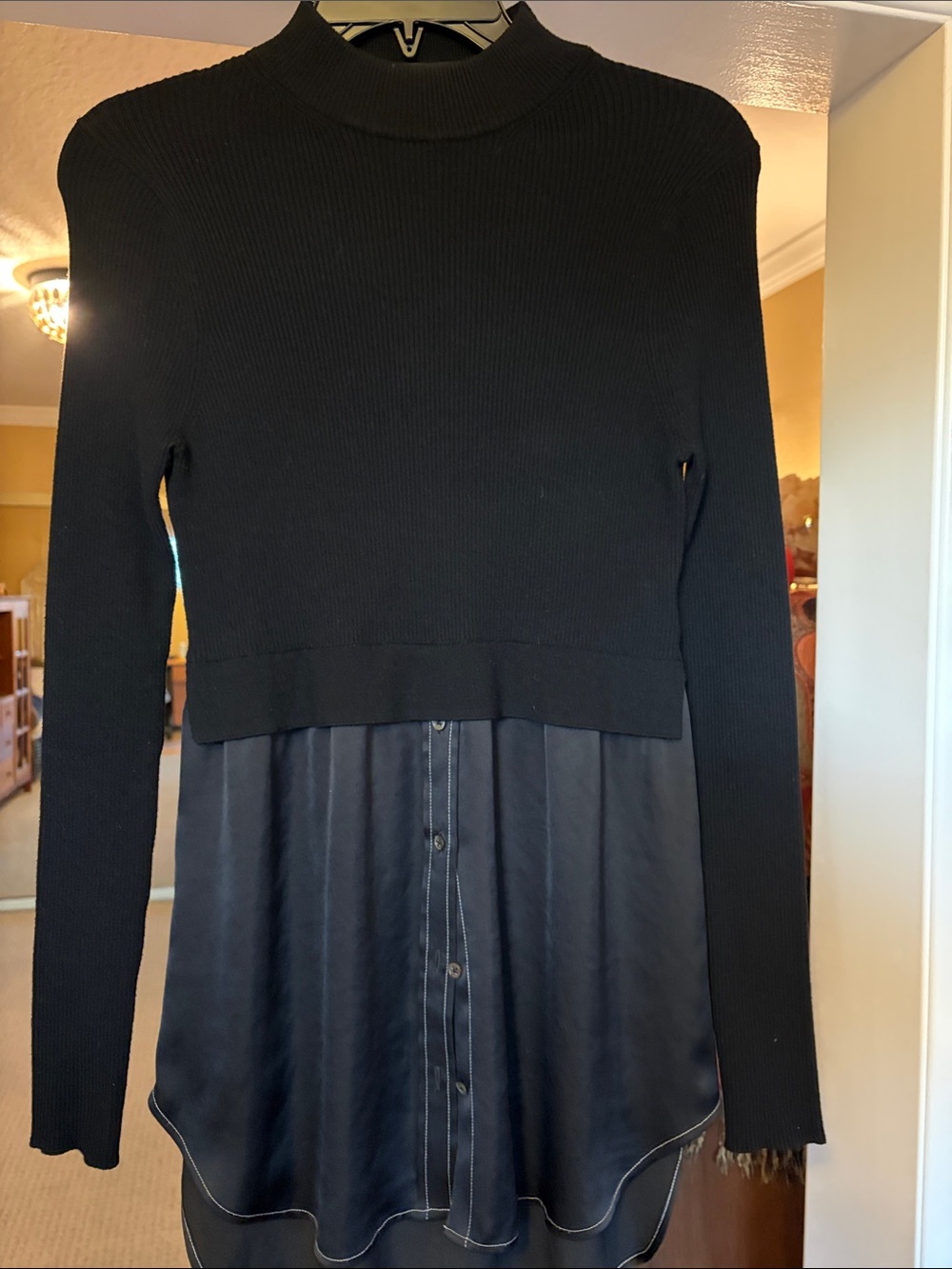 All Saints Black Mixed-Material Long Sleeve Top with Satin Panel